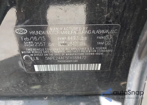 2015 Hyundai Sonata Se from USA, damaged, VIN 5NPE24AF5FH188472